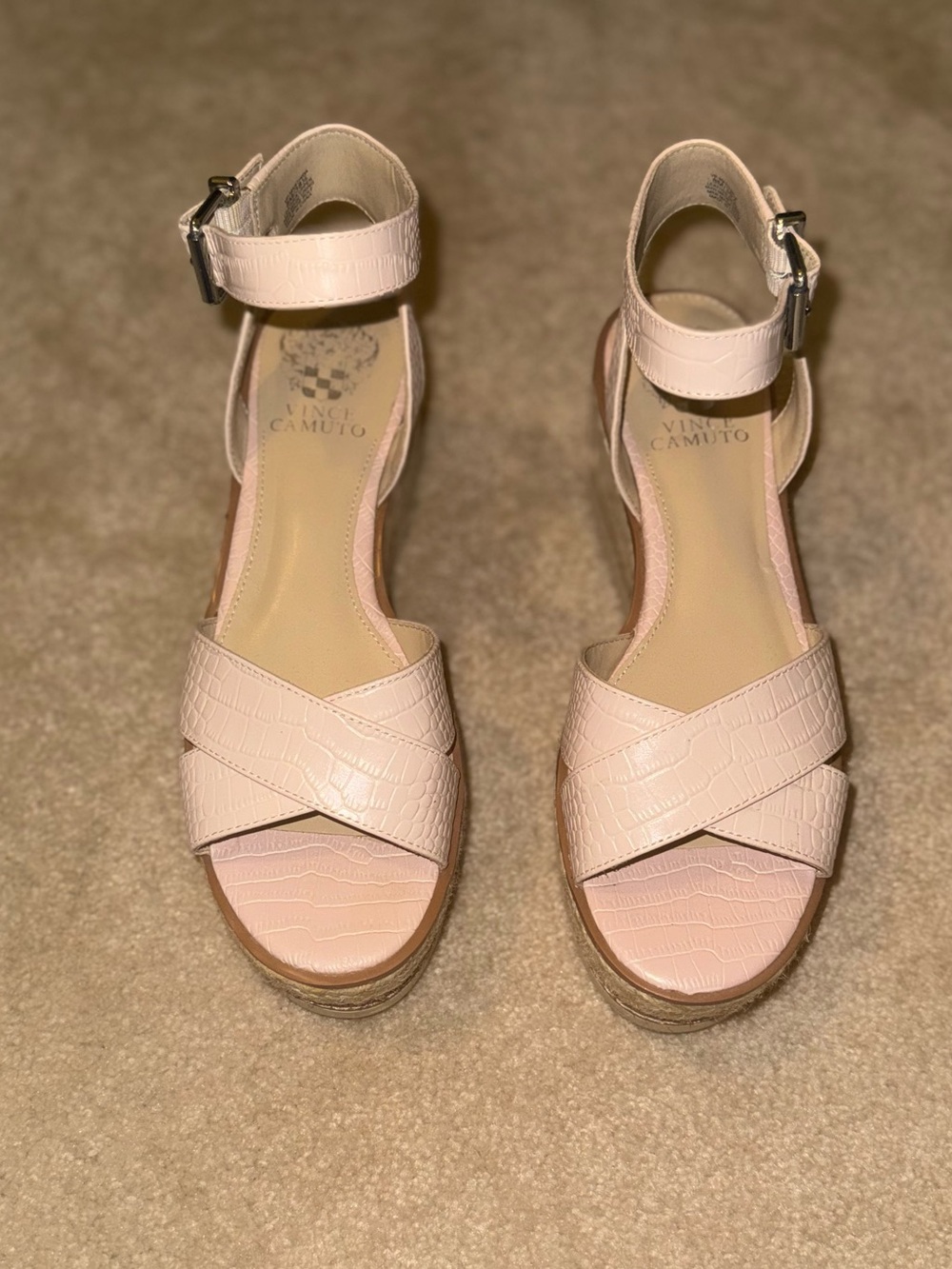 Vince Camuto Pale Pink Croc-Embossed Ankle-Strap Espadrille Wedges